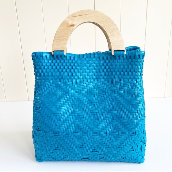 NWT Maria Victoria Elva Turquoise Blue Woven PVC Handbag Tote Mexico - Picture 8 of 15